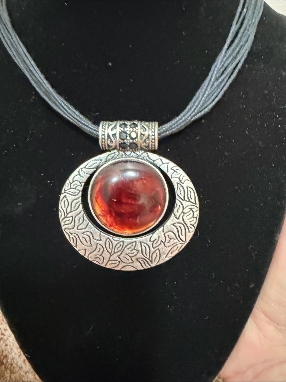 Artisan Silver-Tone Pendant Necklace with Deep Red Cabochon - Picture 2 of 2